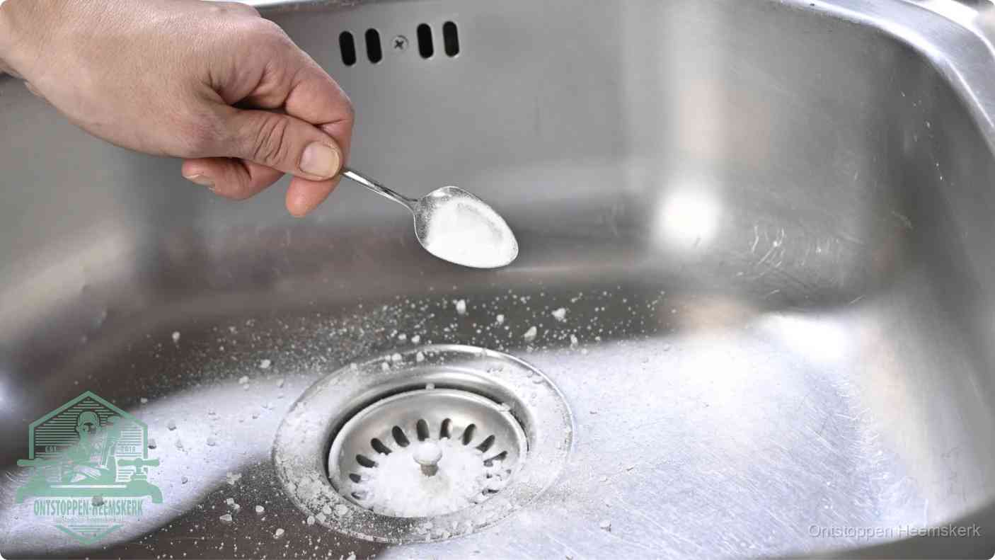Een hand strooit met een lepel soda in de afvoer van een roestvrijstalen spoelbak, de soda en azijn huismiddel-methode om de afvoer te ontstoppen in Heemskerk