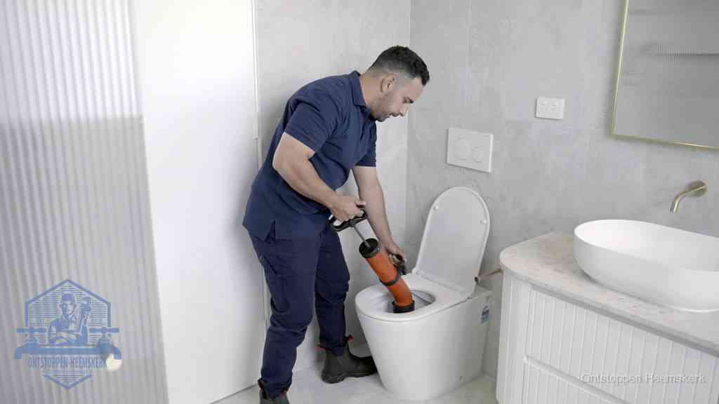 Een monteur buigt over een wandcloset en duwt met de hand een persluchtontstopper in de toiletpot om de verstopping handmatig los te maken in Heemskerk