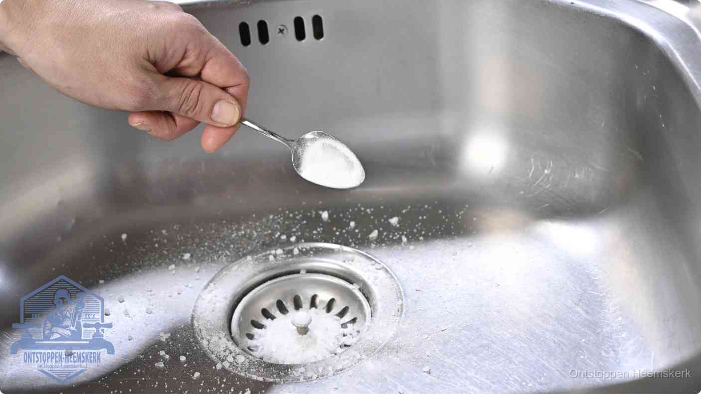 Een hand strooit met een lepel soda in een afvoerputje, de soda en azijn huismiddel-methode om de wc te ontstoppen in Heemskerk