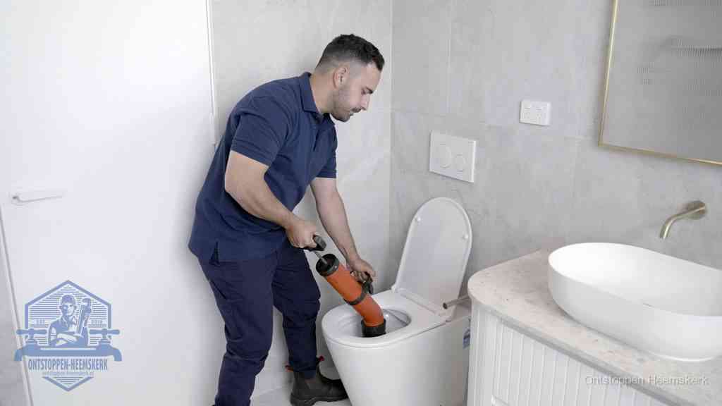 Een monteur gebruikt een handmatige perspomp (toiletontstopper) op een wandcloset tijdens het professioneel wc ontstoppen in Heemskerk