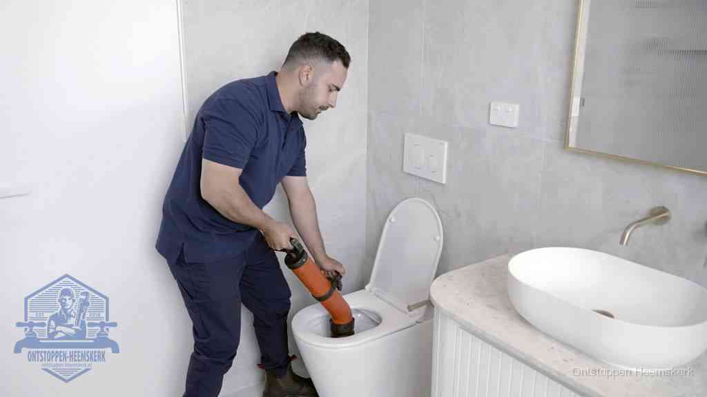 Een man gebruikt een handmatige luchtdruk-ontstopper in een modern betegeld toilet om zelf de wc te ontstoppen in Heemskerk